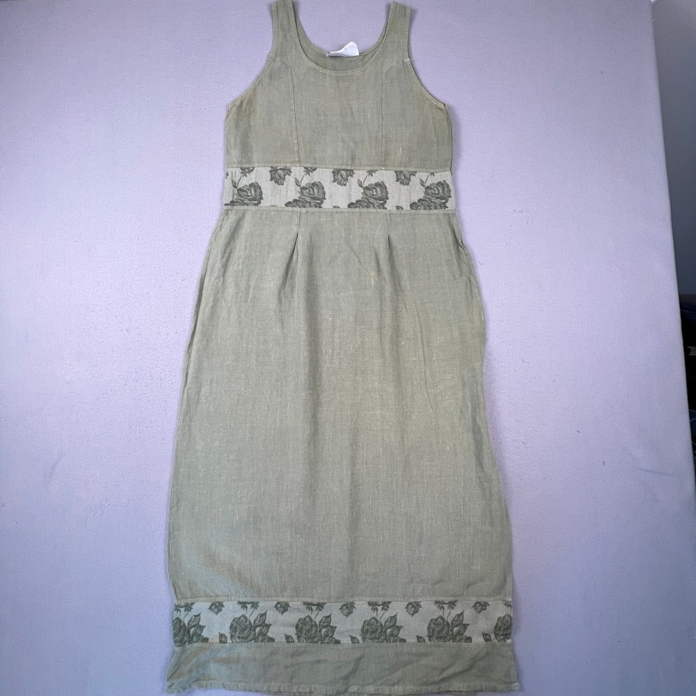 Aly Wear Linen Maxi Dress Womens L Green Floral Rose Boho Cottagecore Sleeveless